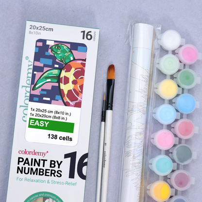 2-in-1 Paint by Numbers Kit - Rolled Canvases (20x25cm & 20x20cm), 16 Colours (Geometric Pop Art - Turtle)