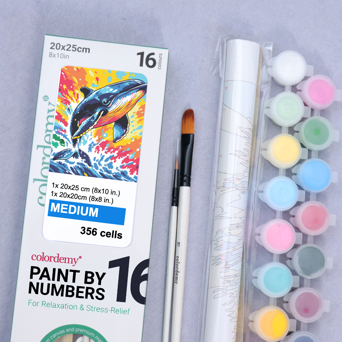 2-in-1 Paint by Numbers Kit - Rolled Canvases (20x25cm & 20x20cm), 16 Colours (Sea Lfe - Whale)