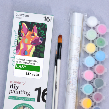 2-in-1 Paint by Numbers Kit - Rolled Canvases (20x25cm & 20x20cm), 16 Colours (Proud Little Paws - Shepherd)