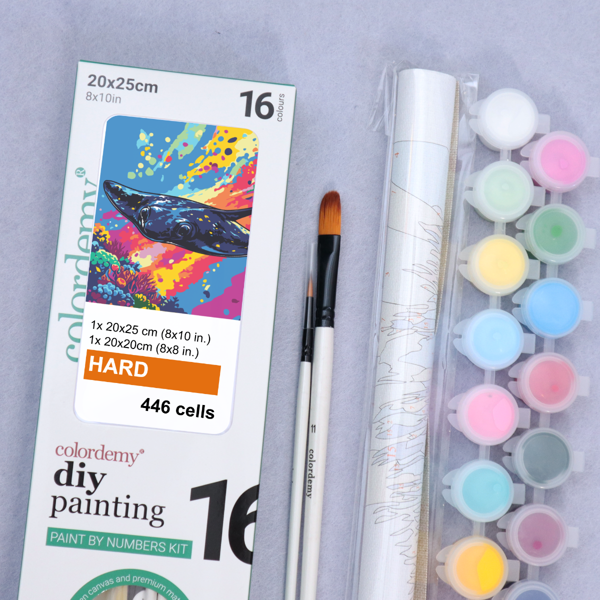 2-in-1 Paint by Numbers Kit - Rolled Canvases (20x25cm & 20x20cm), 16 Colours (Sea Life - Stingray)