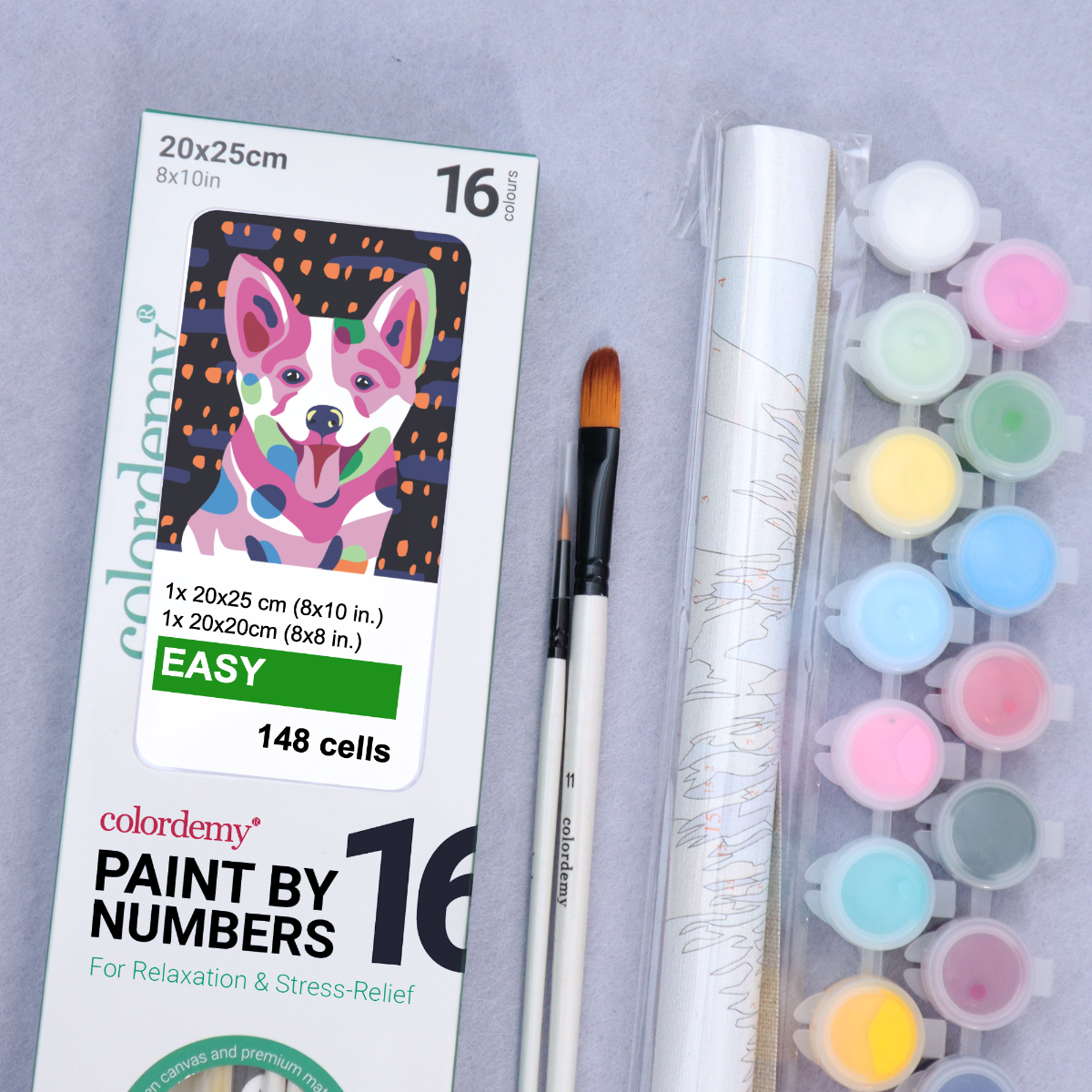 2-in-1 Paint by Numbers Kit - Rolled Canvases (20x25cm & 20x20cm), 16 Colours (Proud Little Paws - Corgi)