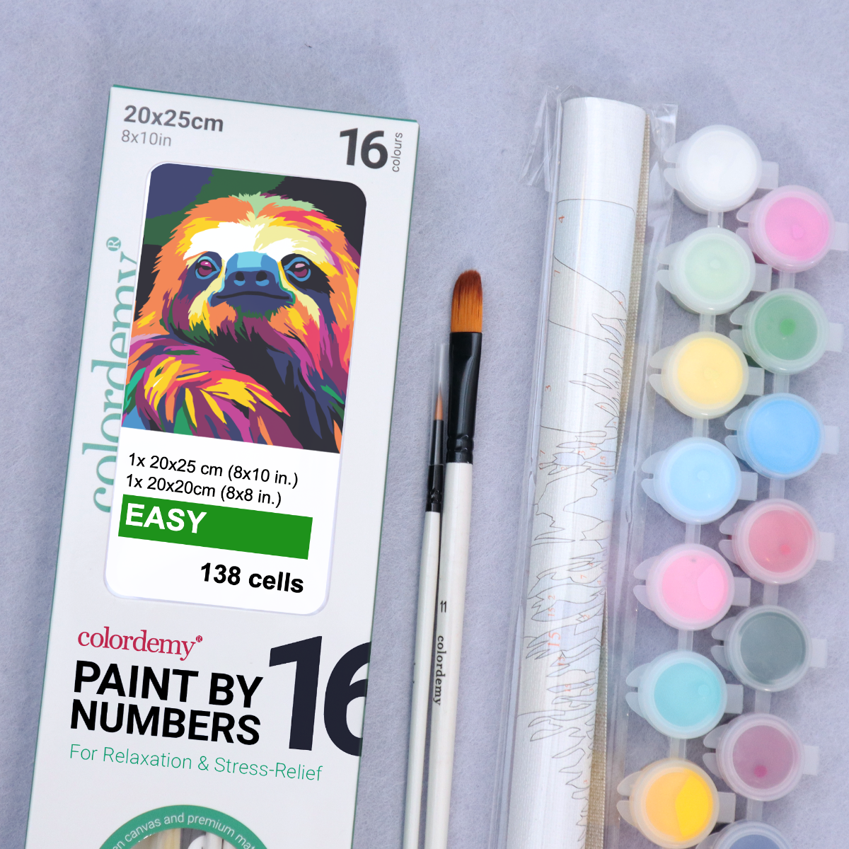 2-in-1 Paint by Numbers Kit - Rolled Canvases (20x25cm & 20x20cm), 16 Colours (Sloth)