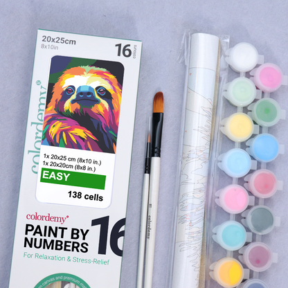 2-in-1 Paint by Numbers Kit - Rolled Canvases (20x25cm & 20x20cm), 16 Colours (Sloth)