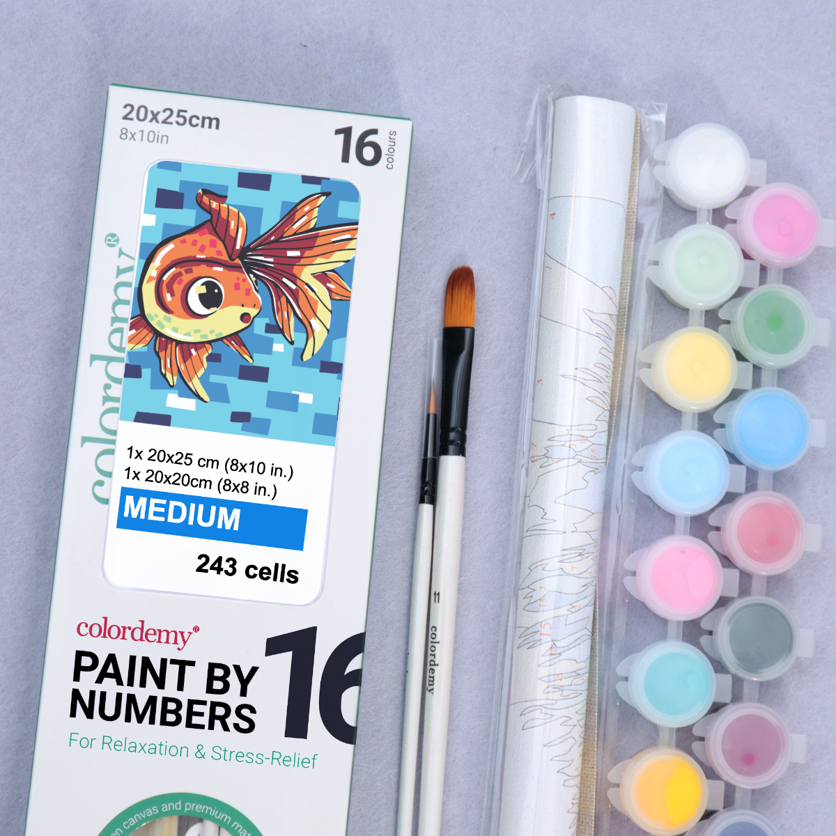 2-in-1 Paint by Numbers Kit - Rolled Canvases (20x25cm & 20x20cm), 16 Colours (Geometric Pop Art - Goldfish)