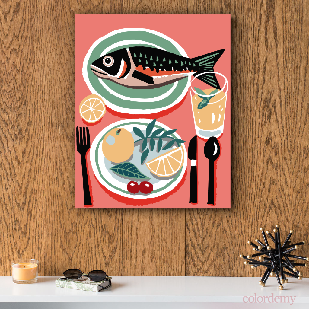 40x50cm Paint by Numbers Kit: Savouring the Catch: Fish on the Dinner Table.