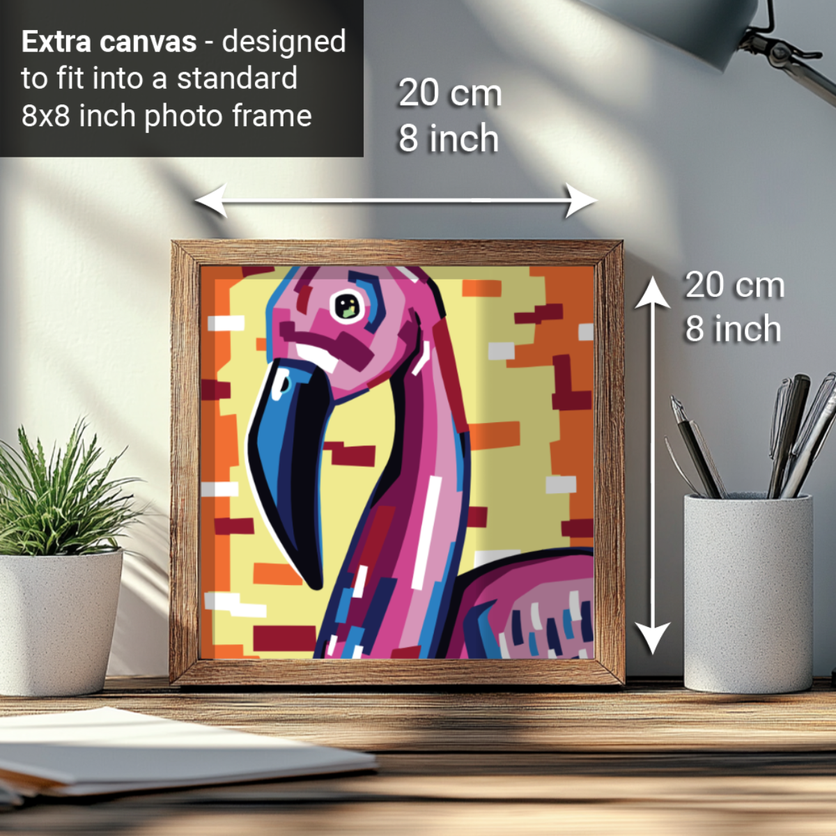 2-in-1 Paint by Numbers Kit - Rolled Canvases (20x25cm & 20x20cm), 16 Colours (Geometric Pop Art - Flamingo)
