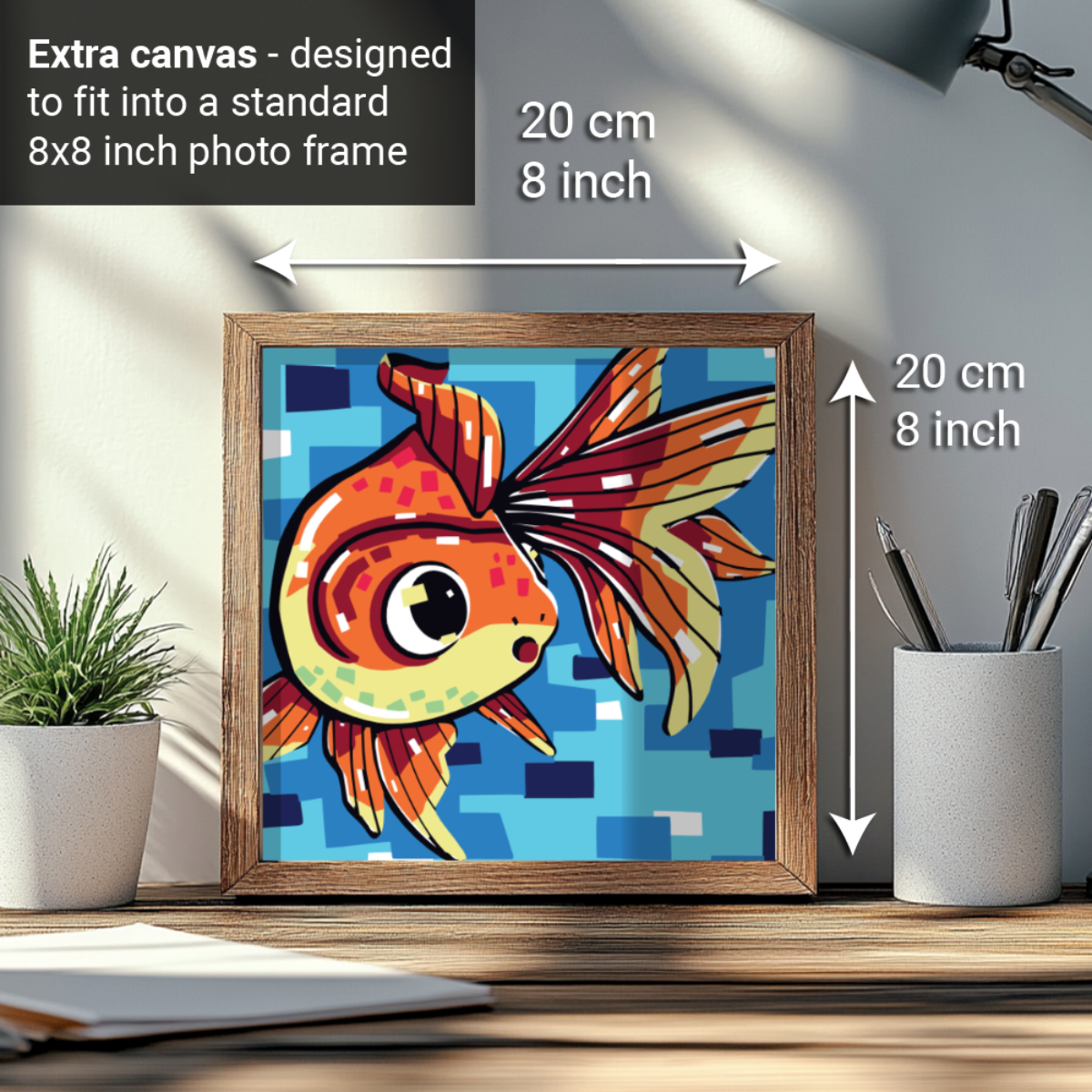 2-in-1 Paint by Numbers Kit - Rolled Canvases (20x25cm & 20x20cm), 16 Colours (Geometric Pop Art - Goldfish)