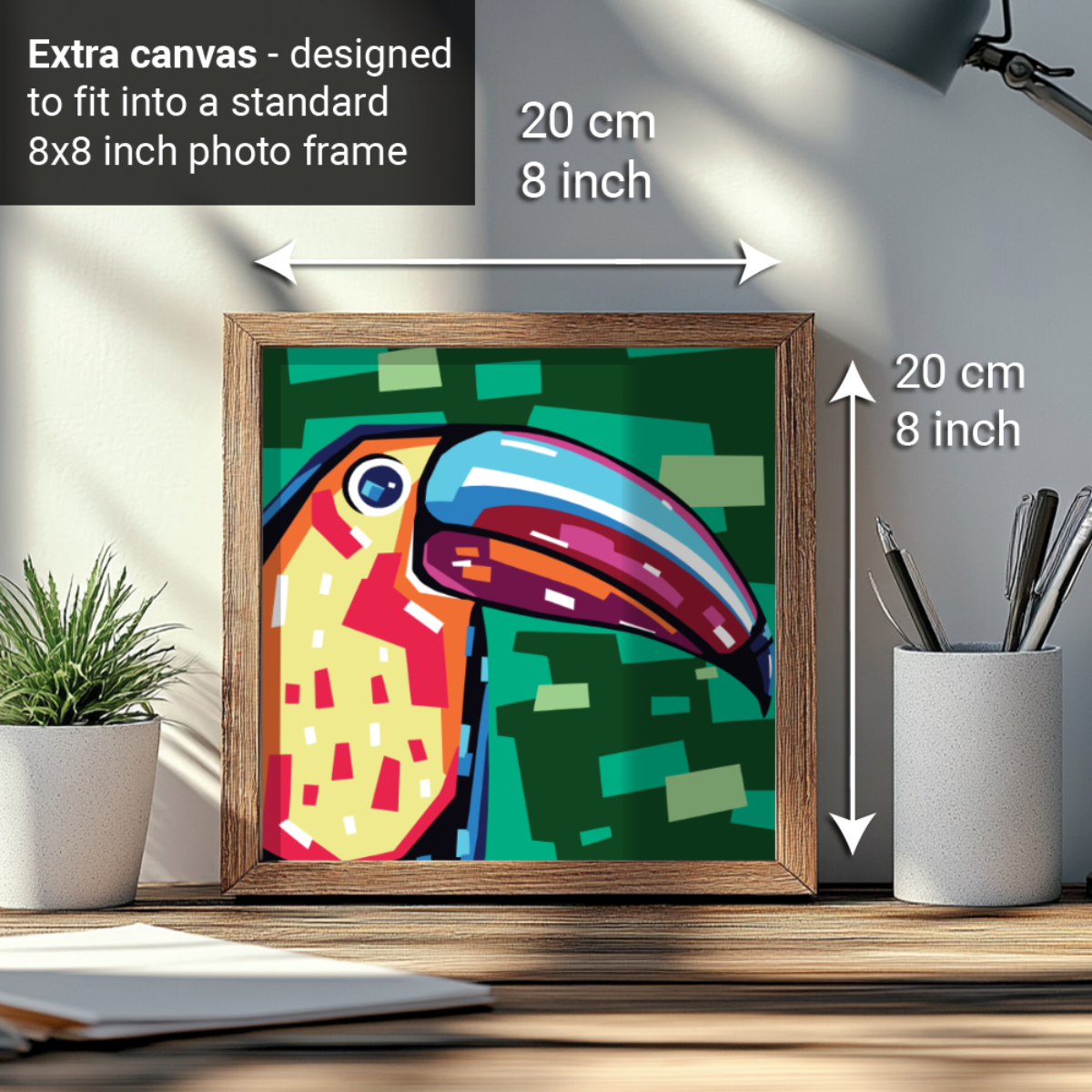 2-in-1 Paint by Numbers Kit - Rolled Canvases (20x25cm & 20x20cm), 16 Colours (Geometric Pop Art - Toucan)