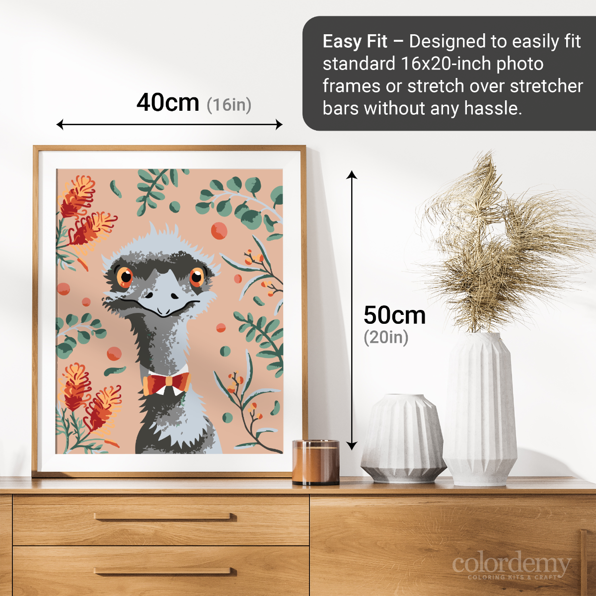 40x50cm Paint by Numbers kit:  Leafy Serenity: Simple Emu with Pink Background