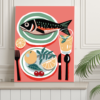 40x50cm Paint by Numbers Kit: Savouring the Catch: Fish on the Dinner Table.