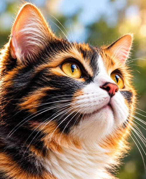 Original photo of a calico cat looking up