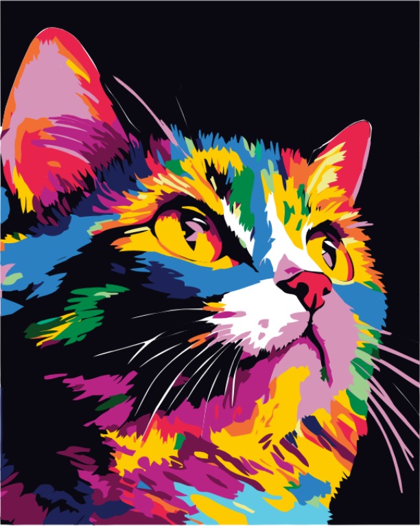 The same cat turned into a colourful pop art portrait on a black background