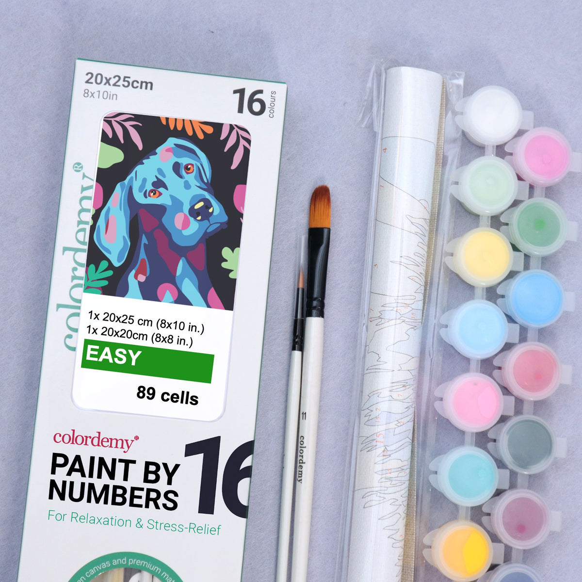 What is in the kit: box, rolled numbered canvas, two brushes and 16 paint pots, with the Weimaraner portrait on the box