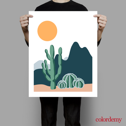 40x50cm Paint by Numbers Kit: Desert Harmony: Minimalist Saguaro and Golden Barrel Cactus